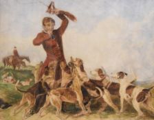 After Richard Ansdell British (1815â€“1885) watercolour 'The Huntsman and Hounds' within green