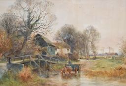 Henry Charles Fox (British 1855-1929) watercolour, rural river scene with bridge, buildings and