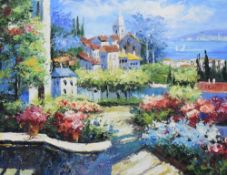 A decorative 20th century oil on canvas, vibrant Mediterranean scene, unsigned within a broad modern