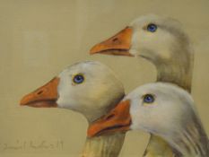 David Andrews (British, Contemporary) oil on board, depicting three geese in side profile, signed
