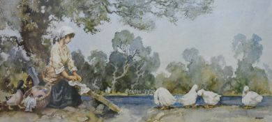 E Sturgeon (British, 20th Century) colour print 'Washerwoman and Geese', signed lower right,