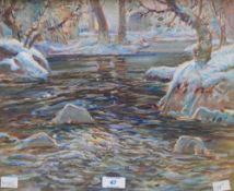 Tom Anderton (British 1894-1956) watercolour and body colour, impressionistic woodland river in
