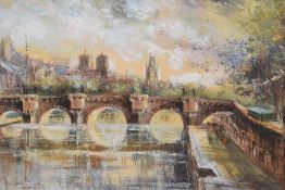 Artist unknown, 20th century mixed media, view of Paris, unsigned, within a card mount and slender