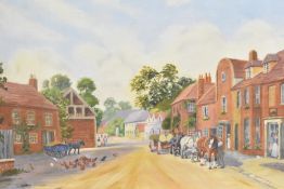 E Marshall (British 20th century) oil on board, bygone street scene, unsigned within a card mount