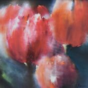 After Greetje Feenstra (Dutch b.1951) vibrant colour print, tulips, within a modern white painted