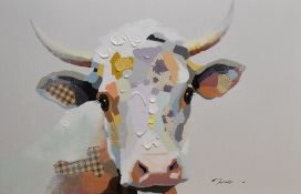 Artist unknown, mixed media, a stylised portrait of a cow, signed indistinctly lower right with