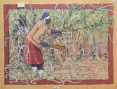 Hilary Armstrong (Contemporary) Batik showing a woman cutting crops with a machete, within gilt