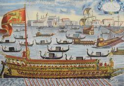 After Stefano Scolari (1652- 691) a hand coloured engraving, depicting the Bucintoro in navigation
