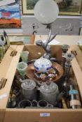 An art deco style chrome effect figural table lamp AF, a Manor Period TW&Co Ltd pewter tea set