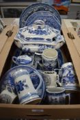 A carton of blue and white ware including Spode.