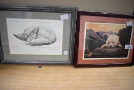 Four small prints to include a limited edition print 383/850 Fennec Fox by Gary Hodges mounted