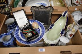 An ornate cornucopia style bowl having cherub decoration, an Atkin Bros Sheffield blue and white