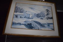 A print after Monica Barry depicting a snowy scene mounted framed and glazed 54cm x 42cm