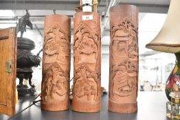 A Chinese bamboo table lamp hand carved with typical landscape scenes, h36.5cm, sold together with
