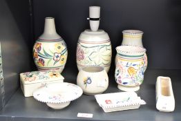 A Poole pottery table lamp decorated having foliage patterns on a white ground, h16, sold together