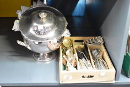 A Walker & Hall of Sheffield silver plate lidded tureen, decorated with ribbon pattern rims,