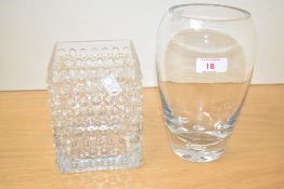 A clear glass ovoid vase having encased bubble base, h20.5cm, sold together with a square textured