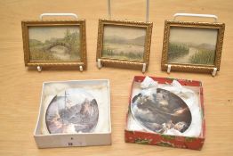 Two 19th century miniature ceramic oval plaques, hand coloured depicting landscape scenes, H7cm,