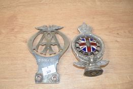 A Vintage AA car badge numbered 298147, and sold together with a RAC members badge (enamel loss)