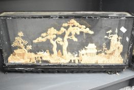 A vintage Chinese three dimentional cork art diorama under a glass and black lacqured case,