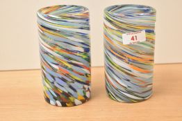 A pair of attractive contenental glass vases decorated with polychrome swirls, h15cm