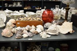 A wooden box, the top decorated with sea shells, L35cm, sold together with a group of various sea