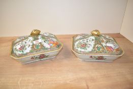 Two 19th century Chinese Canton famille rose lidded tureens,of rectangular form with re-entrant