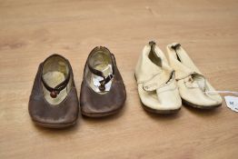 Two pairs of vintage early years' girls Mary-Jane shoes, a cream scalloped edge pair and a brown