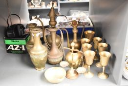 A pair of brass baluster vases decorated with Greek key bands, h27cm, sold together with various