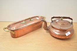A early 20th century copper tea pot having shaped spout and wooden handle, h12cm, sold together with