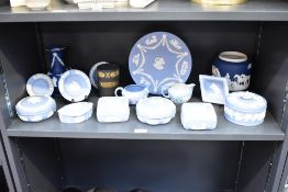 A group of Wedgwood blue and white Jasper ware, to include plate, trinkets, jugs ect, (13), sold