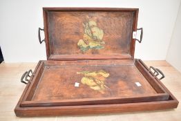 A set of 3 graduating vintage serving trays, decorated with galleon ship scene, (3)