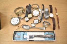 An assortment of pocket watches and wristwatches, including Seiko, Smiths, Lorus, along with a