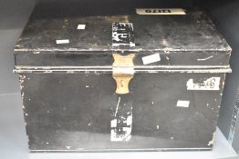 A large metal deed box, by JM Leigh & Son, Deansgate Manchester, 46cm x 29cm x 27.5cm