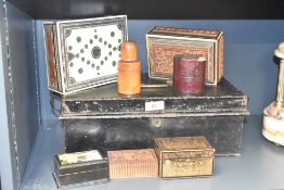 A early 20th century black metal deed box, L35cm, sold together with a 19th century treen bottle