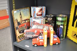 A pair of Mini Cooper Rally bookend money bank, h13.5cm, sold together a Mini Cooper radio control