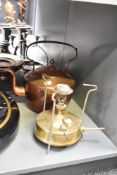 An early 20th century brass camp stove with copper kettle, (2)