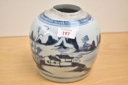 A 19th century Chinese blue and white ginger jar, decorated with fisherman in a river landscape,