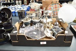 A box containing various Lloyd Payne & Amiel silver plated cutlery, sold together with tankards,