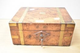 A 19th century brass bound burr wood writing box with working lock and key, w29.5cm Condition