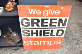 A vintage style printed aluminium advertising sign for Green Shield Stamps 76cm x 61cm overall.