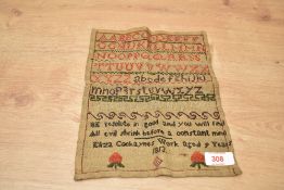 An early 19th century needlework alphabet sampler, worked in polychrome threads by Eliza
