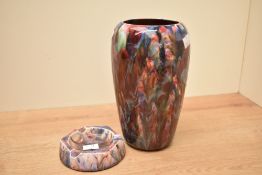 An attractive 20th century ceramic multi-coloured vase, h21cm, sold together with an ashtray, (2)