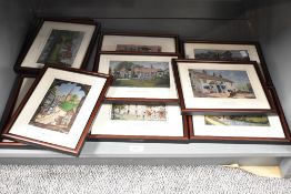 A group of 10 machine woven silk pictures, to include The Hanging Gate, Little Moreton Hall, Sailing