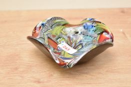 An attractive mid-century Murano multicolor glass trinket bowl, hand blown having a ruffled edge,
