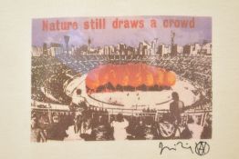 A vintage, signed by Jamie Reid of the Sex Pistols 'Nature still draws a crowd' T-Shirt, framed.