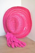 A vintage hot pink woven hat with matching ruched gloves.