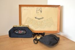 Three antique examples of ladies accessories, comprising a black pouch purse which features a