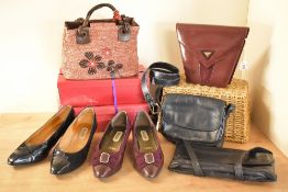 Six examples of vintage ladies accessories, comprising four cross-body bags and two matching pairs