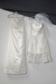Six modern bridal gowns in various styles including a long sleeved lace with short train, a two